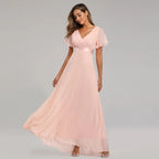 Robe de Soirée Grande Taille pour Femme – Robe de Fête Élégante en Mousseline à Col en V et Longueur au Sol