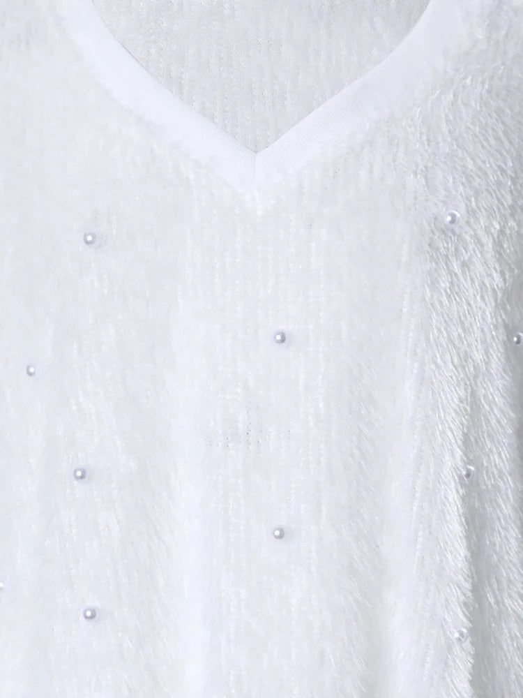 Pull Oversize Col en V en Maille Côtelée pour Femme