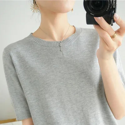 Pull Manches Courtes 100% Coton Femme - T-Shirt Col Rond