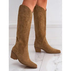 Taille 35-43 femmes bottes hautes Design de mode broder chaussures de Cowboy occidentales automne hiver bout pointu talons bas chaussons