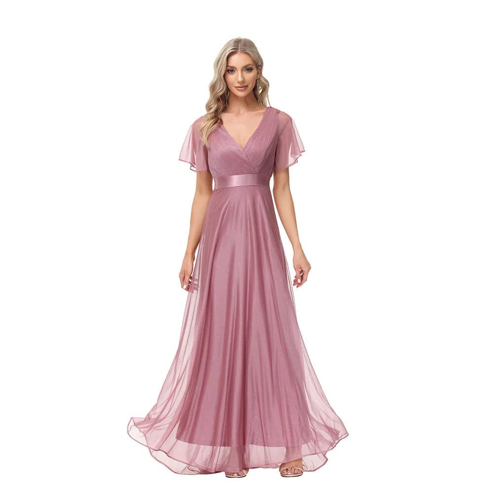 Robe de Soirée Grande Taille pour Femme – Robe de Fête Élégante en Mousseline à Col en V et Longueur au Sol