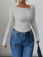 T-Shirt Asymétrique Plissé Femme - Haut Manches Longues