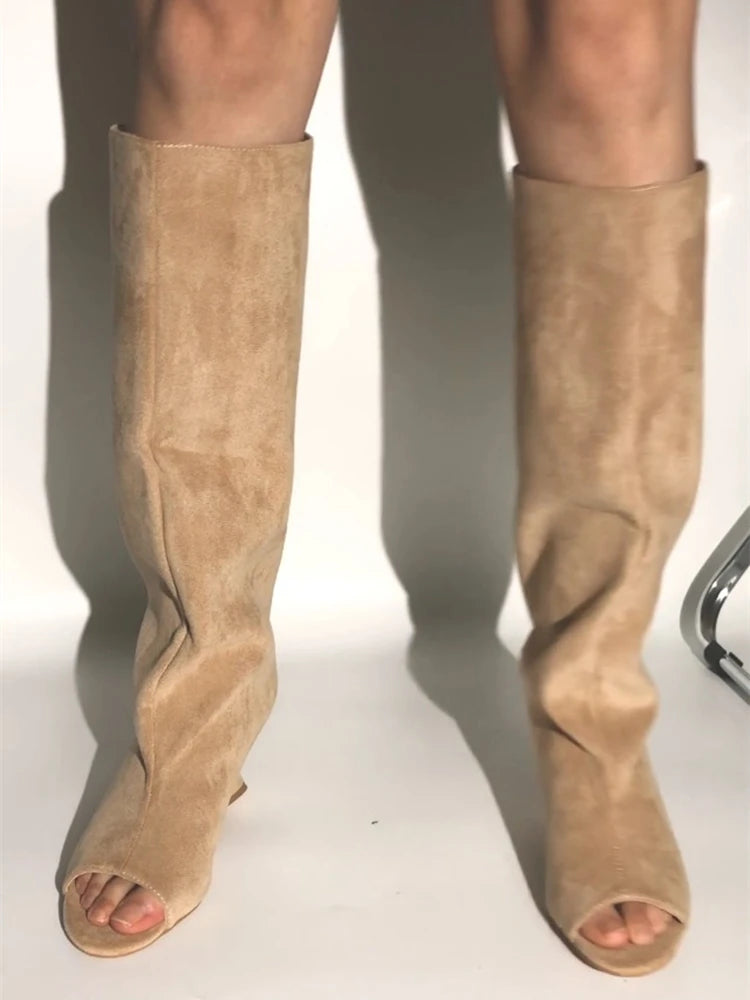 2025 haute qualité Peep Toe femmes genou bottes bout rond compensées daim femme bottes longues fête mariage polyvalent femme chaussures