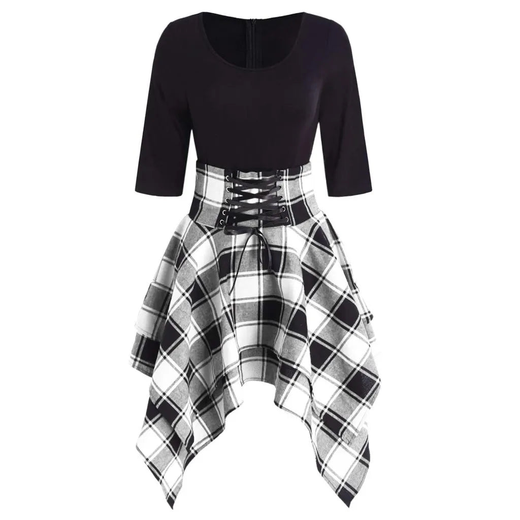 Robe Gothique à Carreaux pour Femme – Robe Asymétrique à Lacets Style Punk Tartan Harajuku
