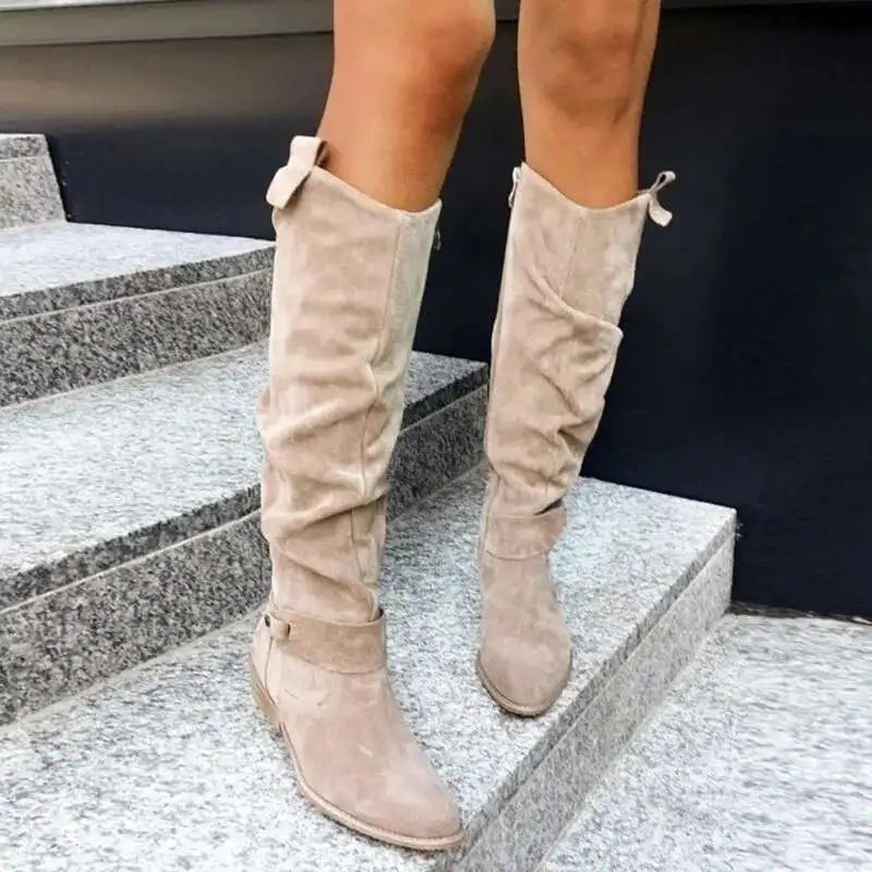 Bottines de Cowboy en Faux Daim Abricot – Style Western Chic d'Hiver