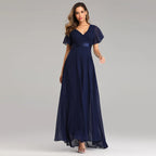 Robe de Soirée Grande Taille pour Femme – Robe de Fête Élégante en Mousseline à Col en V et Longueur au Sol