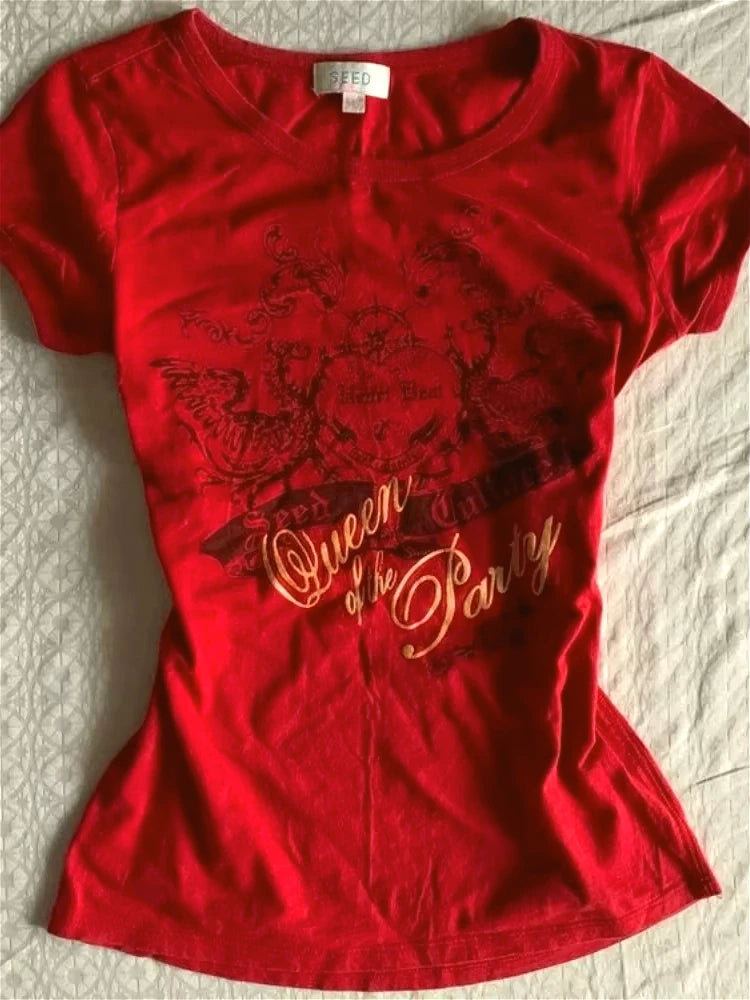 T-Shirt Rouge Grunge Vintage Y2K - Haut Esthétique Gothique