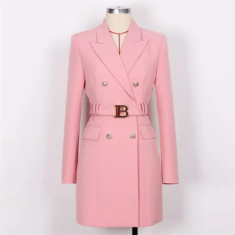 Blazer Long Ceinturé à Double Boutonnage pour Femme – Veste de Bureau Chic et Ample Coupe Robe Veste