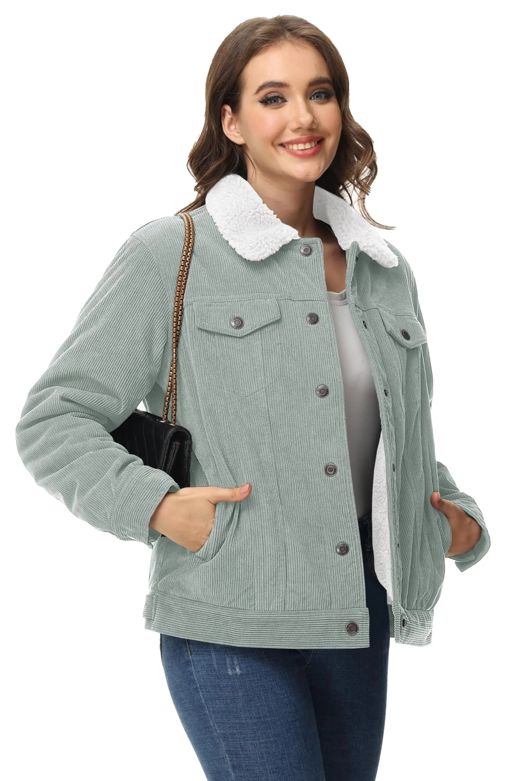 Veste Lourde en Velours Côtelé Doublée Polaire Sherpa pour Femme