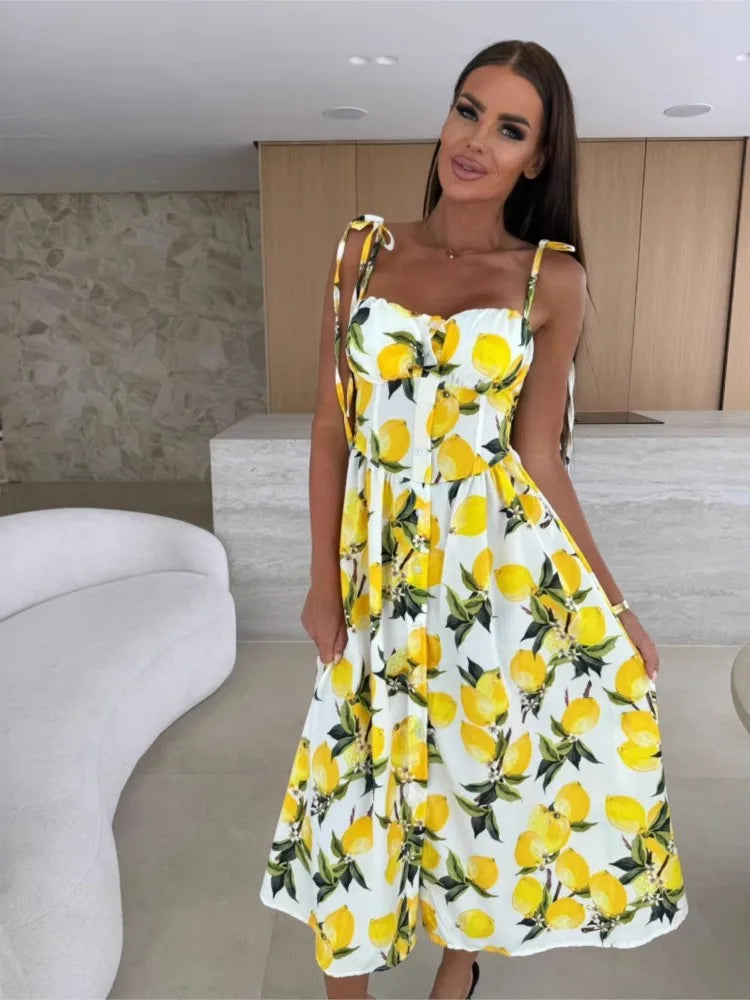 Robe d'Été Imprimée à Bretelles pour Femme – Robe Longue Fluide à Col en V avec Coussinets Intégrés