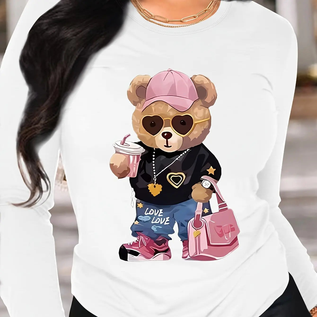 T-Shirt Manches Longues Ours 100% Coton - Haut Ample Femme