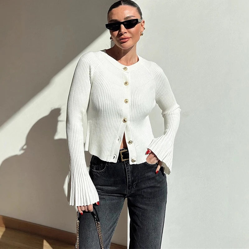 Cardigan Côtelé Ajusté à Manches Évasées pour Femme - Talenza