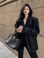 Veste en similicuir PU pour femme, Blazer combiné, Vestes à col rabattu, Manteau à point ouvert, Maxi, Décontracté, Élégant, Punk, Streetwear Y2k
