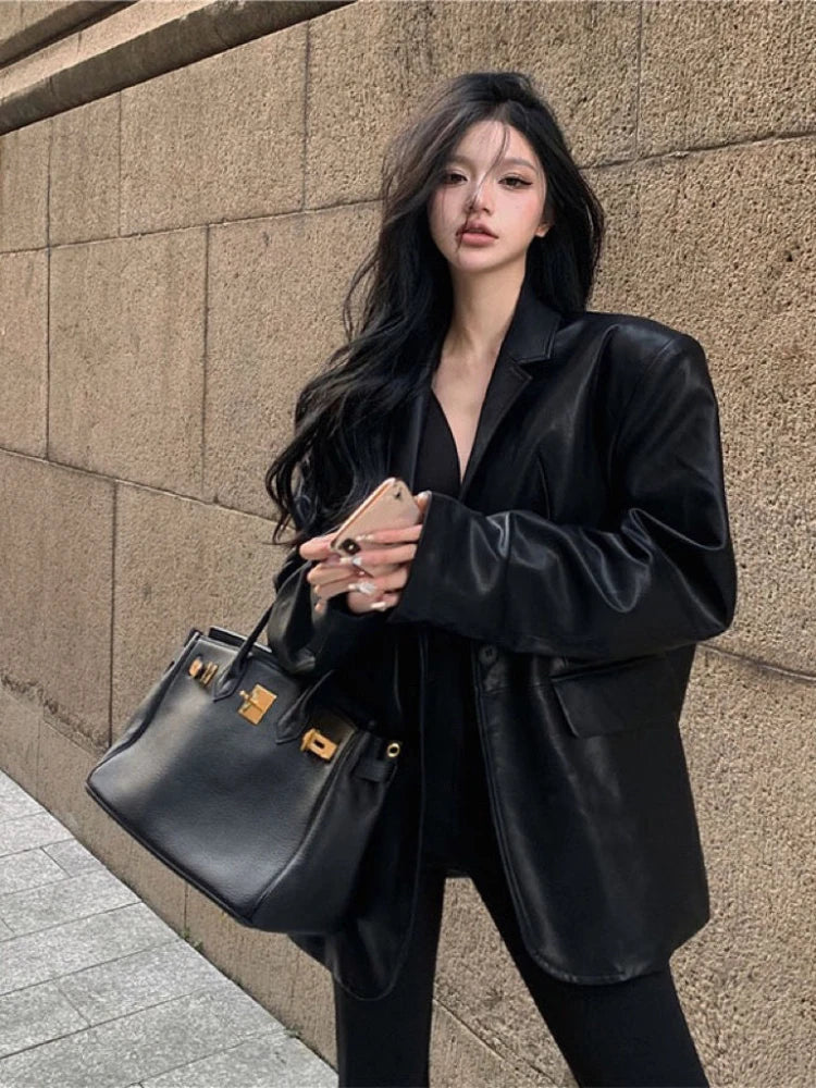 Veste en similicuir PU pour femme, Blazer combiné, Vestes à col rabattu, Manteau à point ouvert, Maxi, Décontracté, Élégant, Punk, Streetwear Y2k