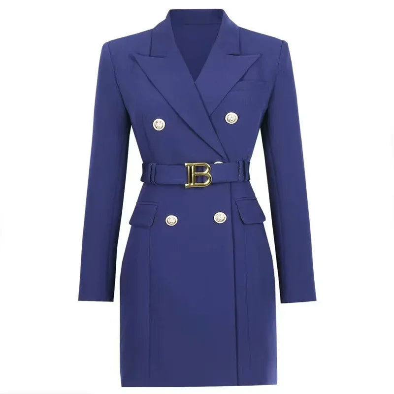 Blazer Long Ceinturé à Double Boutonnage pour Femme – Veste de Bureau Chic et Ample Coupe Robe Veste