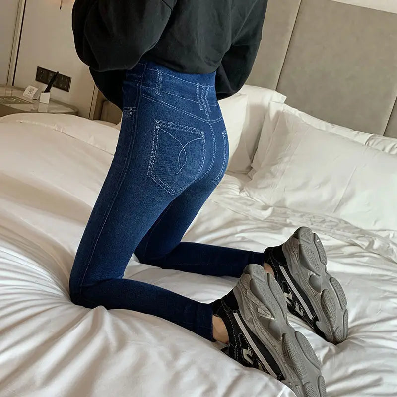 Legging Chaud en Coton Modal & Faux Denim – Haute Élasticité & Confort Slim