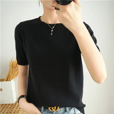 Pull Manches Courtes 100% Coton Femme - T-Shirt Col Rond