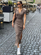 Robe Maxi Moulante pour Femme Kliou – Robe Élégante Style Bureau et Streetwear à Col Rabattu et Fente Latérale