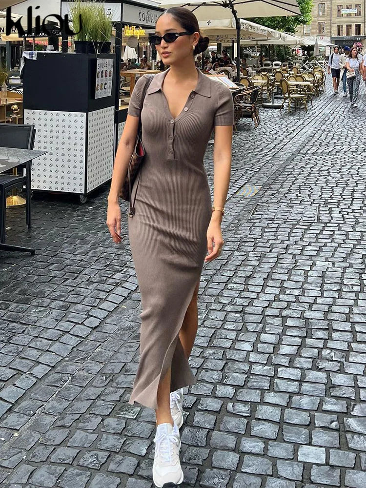 Robe Maxi Moulante pour Femme Kliou – Robe Élégante Style Bureau et Streetwear à Col Rabattu et Fente Latérale