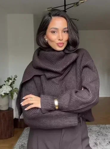 Pull Chic Marron à Col Écharpe – Élégance Bureau & Quotidien
