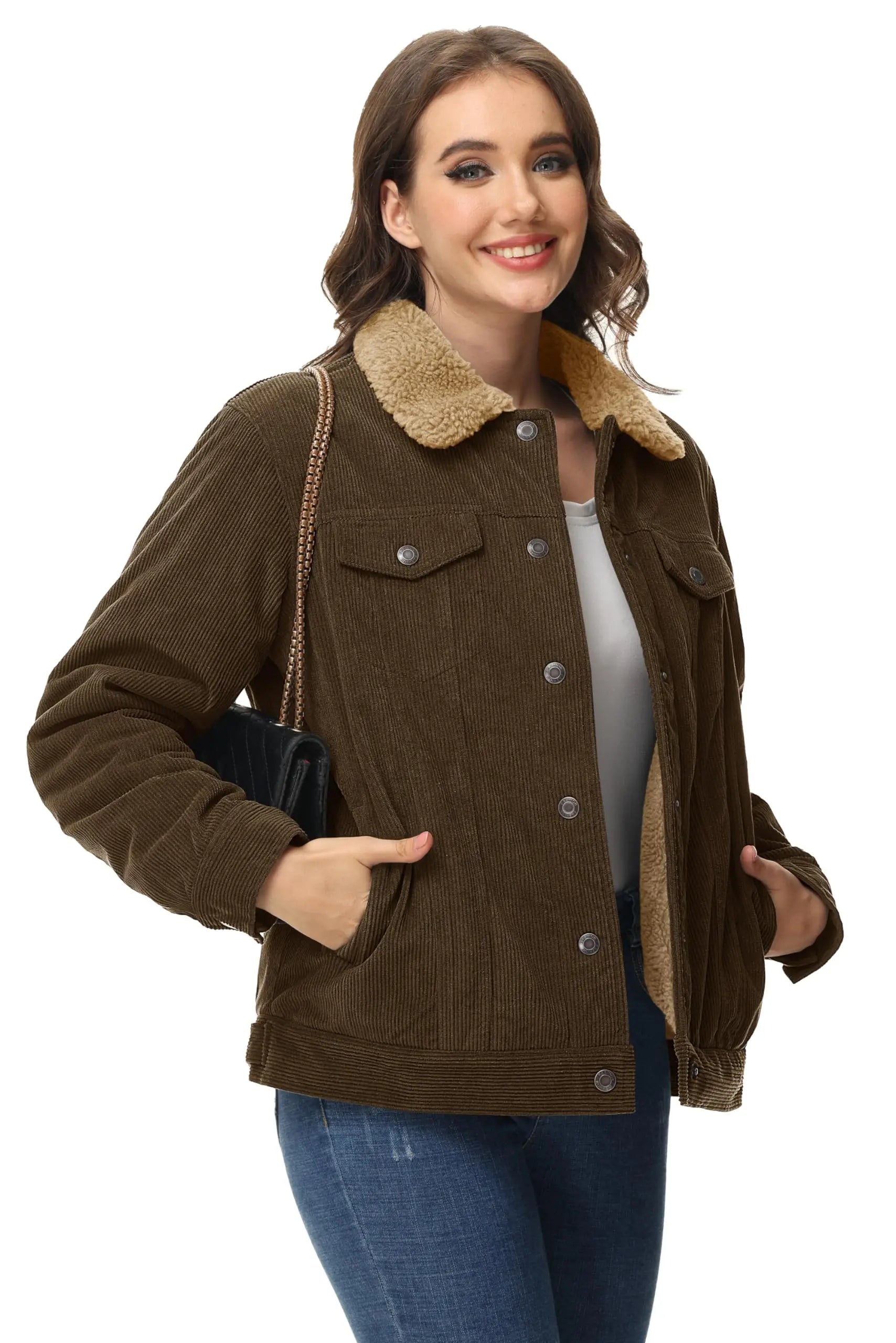 Veste Lourde en Velours Côtelé Doublée Polaire Sherpa pour Femme