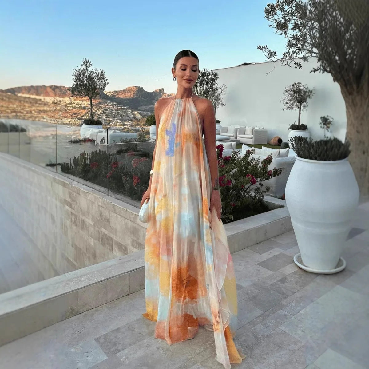 Robe longue imprimée à col licou pour femme, style sexy avec lacets au dos, idéale pour les vacances, la plage, ou comme tenue de bord de mer, Maxi Vestidos
