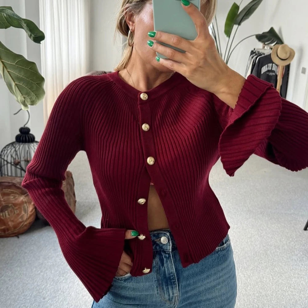 Cardigan Côtelé Ajusté à Manches Évasées pour Femme - Talenza
