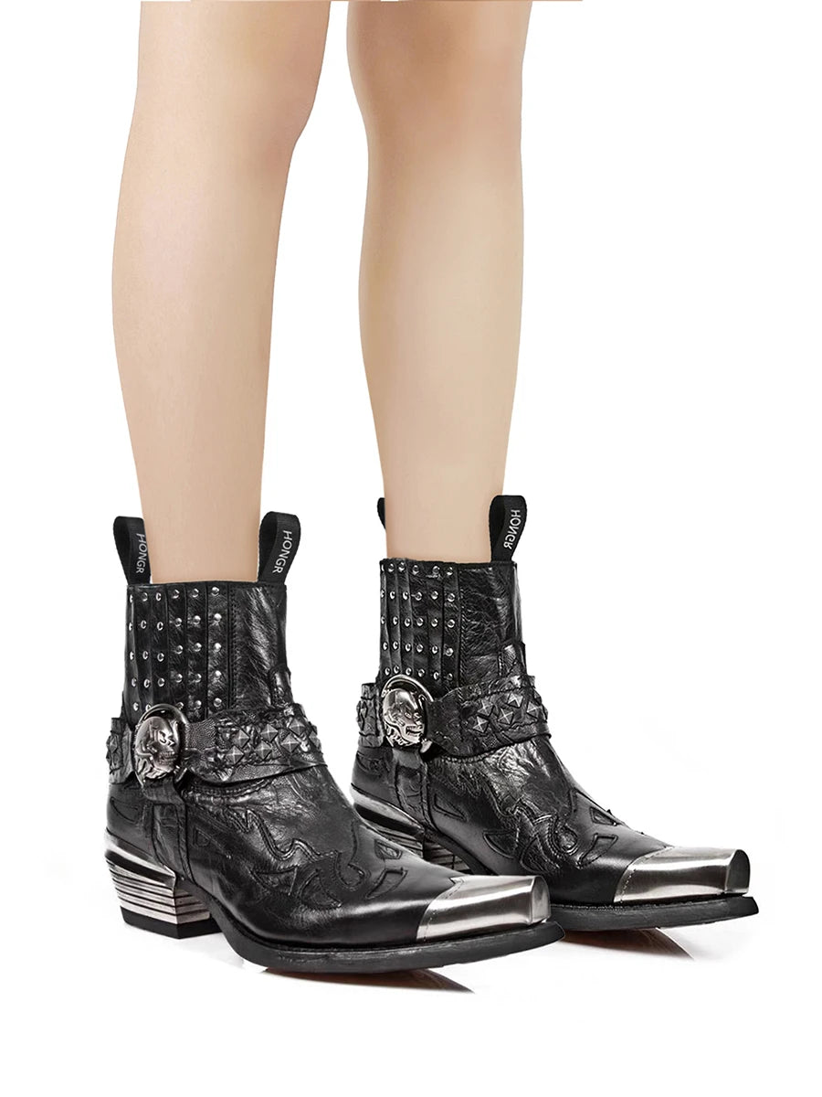 Bottes Mi-Mollet Style Punk Chic à Bout Pointu et Détails Métalliques
