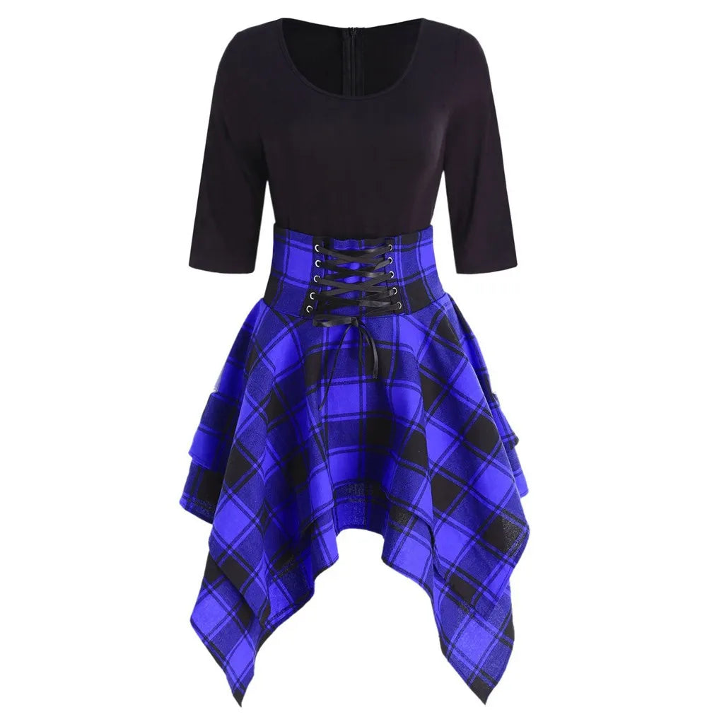 Robe Gothique à Carreaux pour Femme – Robe Asymétrique à Lacets Style Punk Tartan Harajuku