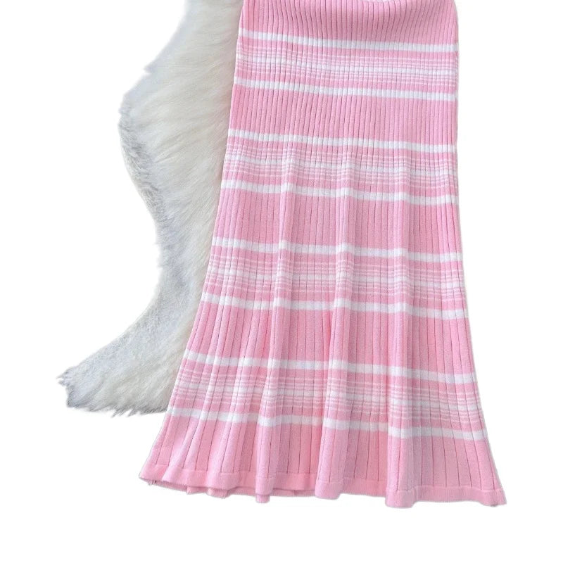 Robe longue moulante en maille rose rayée sans manches à col rond pour femme – Idéale pour l'été, la plage, les vacances, le quotidien ou les soirées