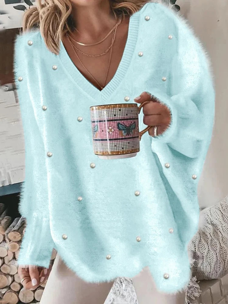 Pull Oversize Col en V en Maille Côtelée pour Femme