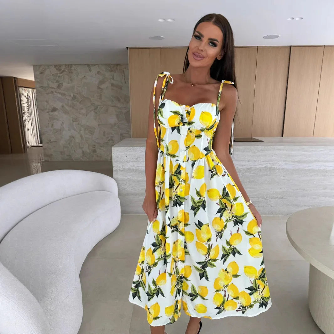 Robe d'Été Imprimée à Bretelles pour Femme – Robe Longue Fluide à Col en V avec Coussinets Intégrés
