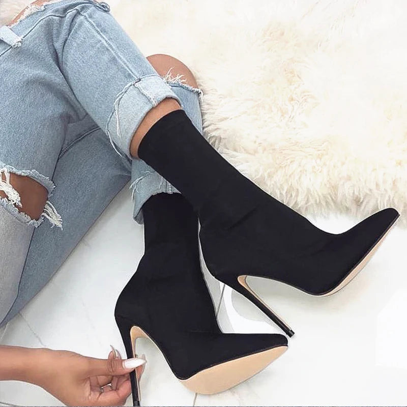 Femmes 7.5cm 10cm talons hauts chaussettes en soie bottes vert talons bas bottines courtes dame strip-teaseuse hiver bout pointu Satin chaussures Sexy