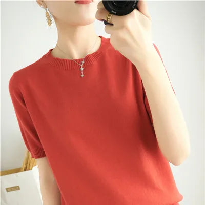 Pull Manches Courtes 100% Coton Femme - T-Shirt Col Rond