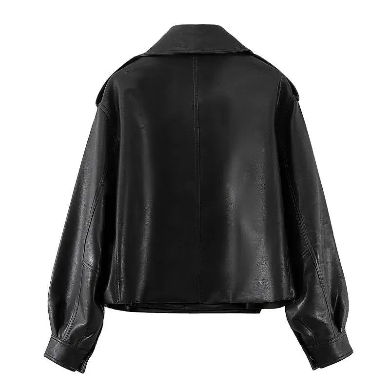Femmes Pu Faux cuir manteaux veste col rabattu poches Vintage Moto Biker manteau vêtements d'extérieur femme automne 2025 Streetwear