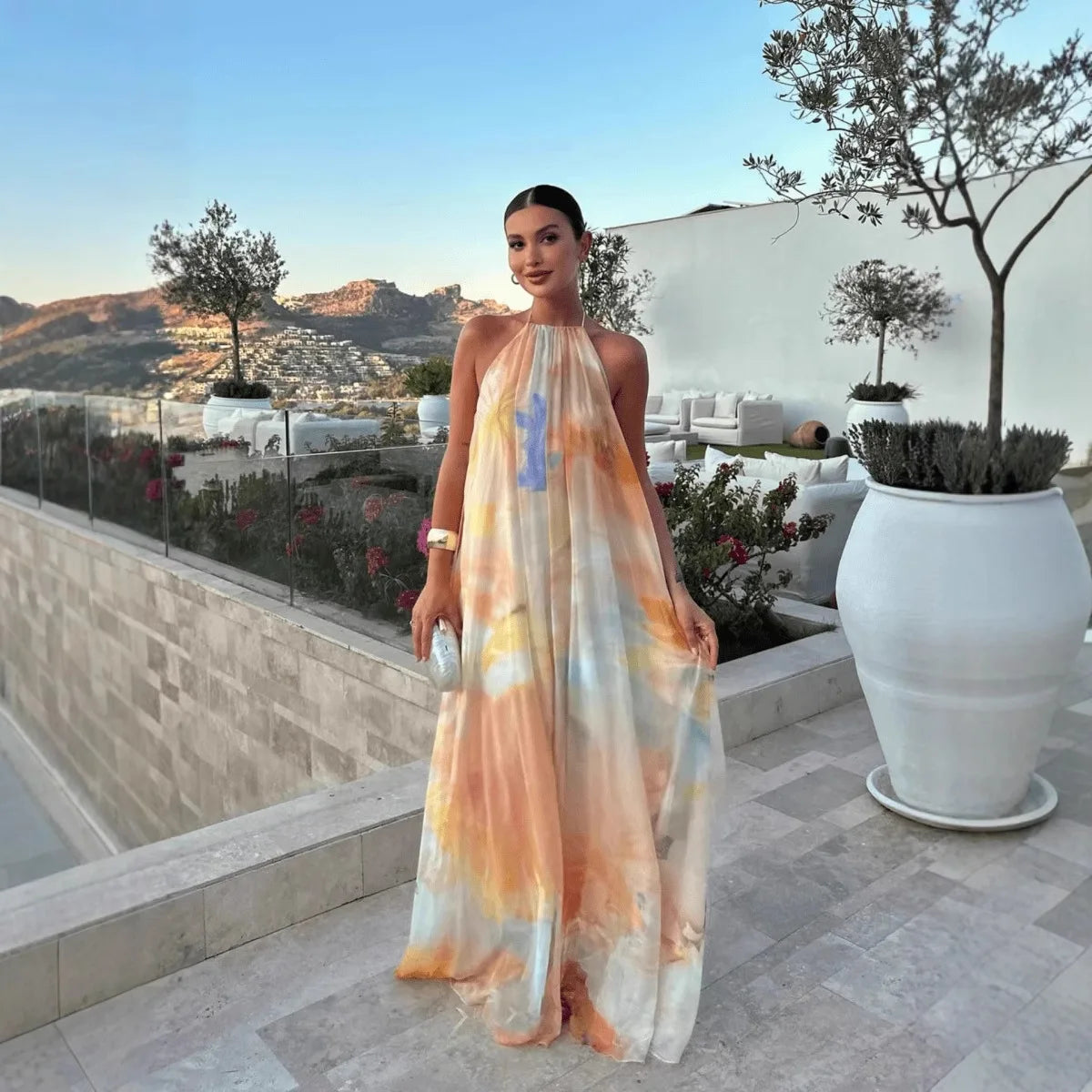 Robe longue imprimée à col licou pour femme, style sexy avec lacets au dos, idéale pour les vacances, la plage, ou comme tenue de bord de mer, Maxi Vestidos