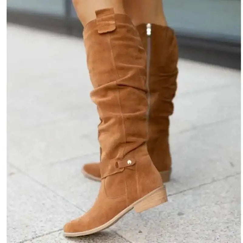 Bottines en daim à talons bas abricot pour femmes, bottes de Cowboy occidentales avec fermeture éclair latérale, bottines courtes taille 34-43