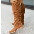 Bottines en daim à talons bas abricot pour femmes, bottes de Cowboy occidentales avec fermeture éclair latérale, bottines courtes taille 34-43