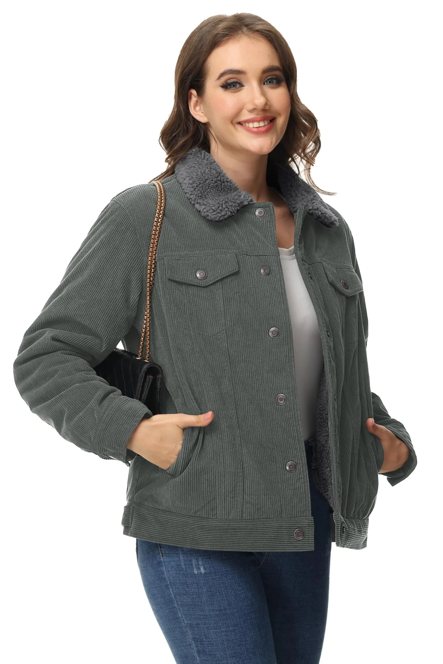 Veste Lourde en Velours Côtelé Doublée Polaire Sherpa pour Femme