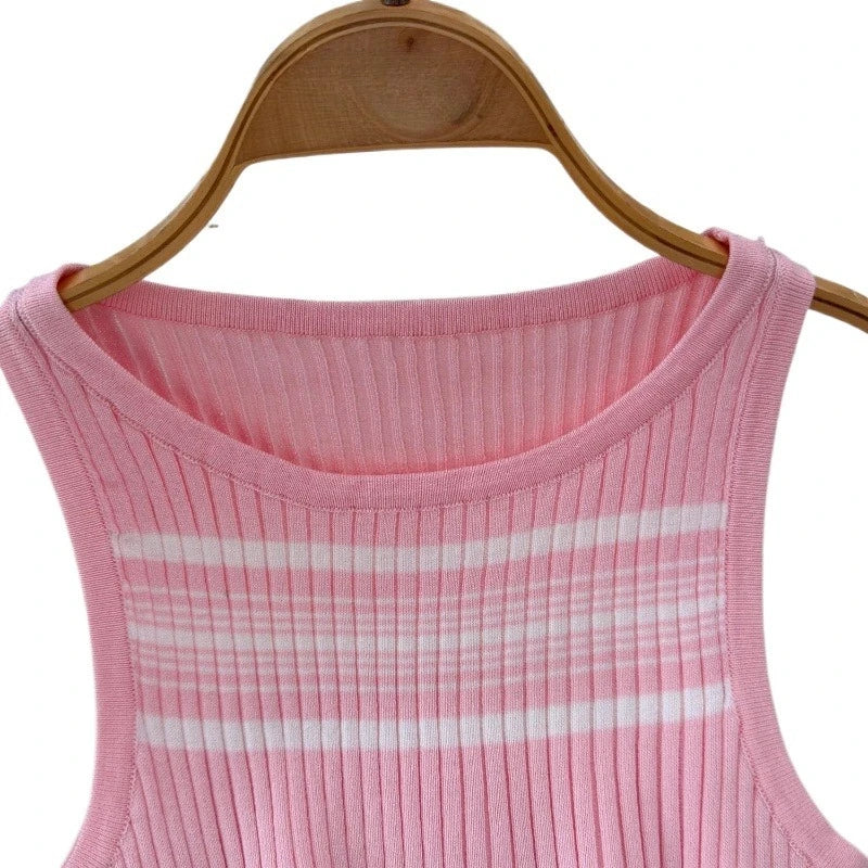Robe longue moulante en maille rose rayée sans manches à col rond pour femme – Idéale pour l'été, la plage, les vacances, le quotidien ou les soirées