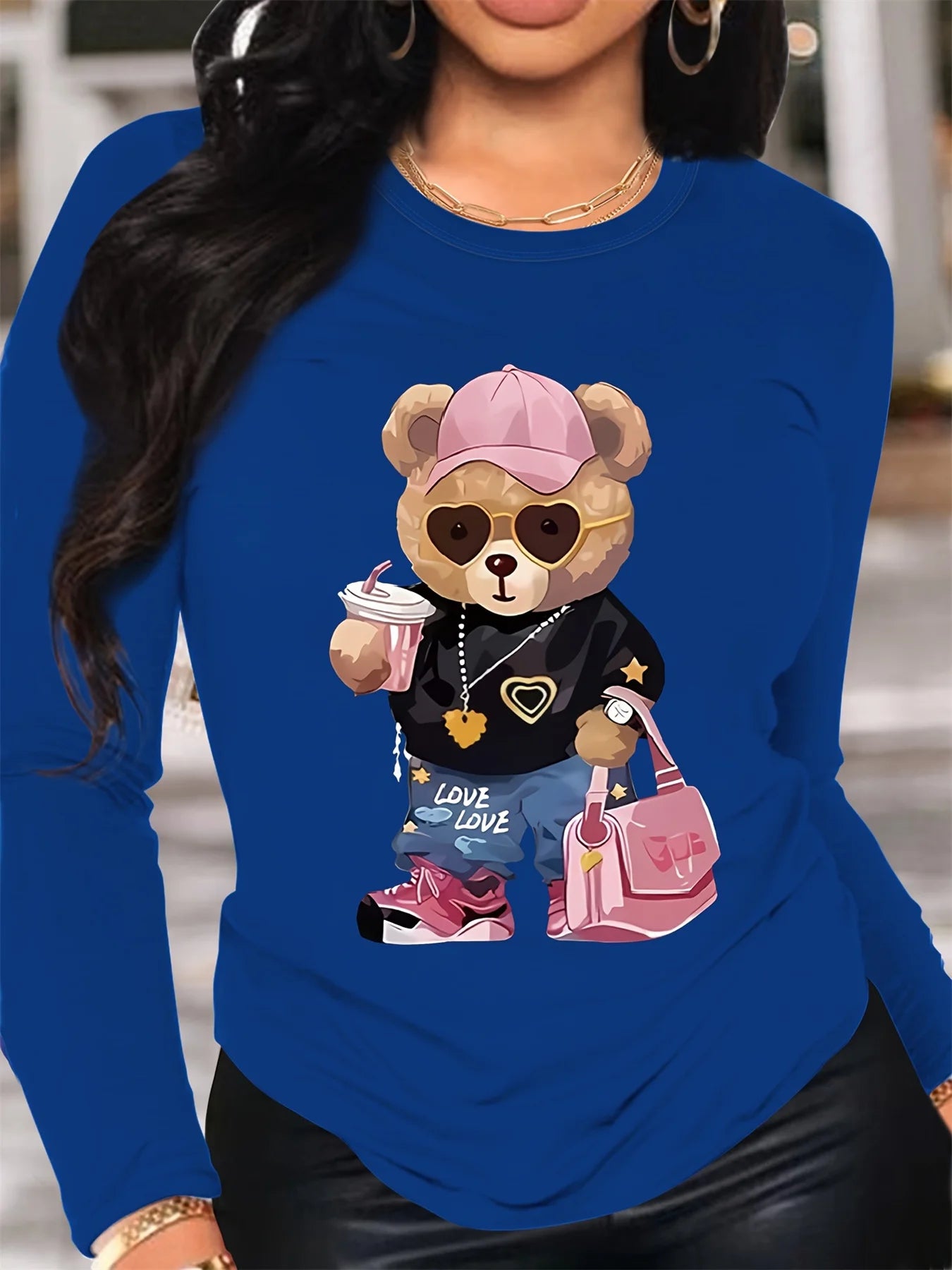T-Shirt Manches Longues Ours 100% Coton - Haut Ample Femme