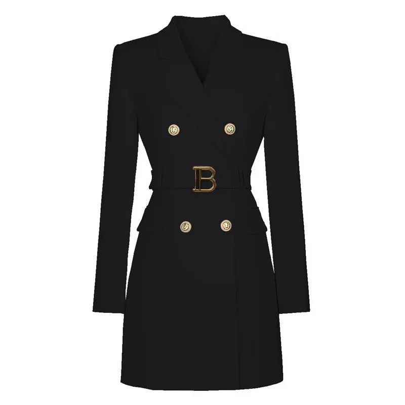 Blazer Long Ceinturé à Double Boutonnage pour Femme – Veste de Bureau Chic et Ample Coupe Robe Veste