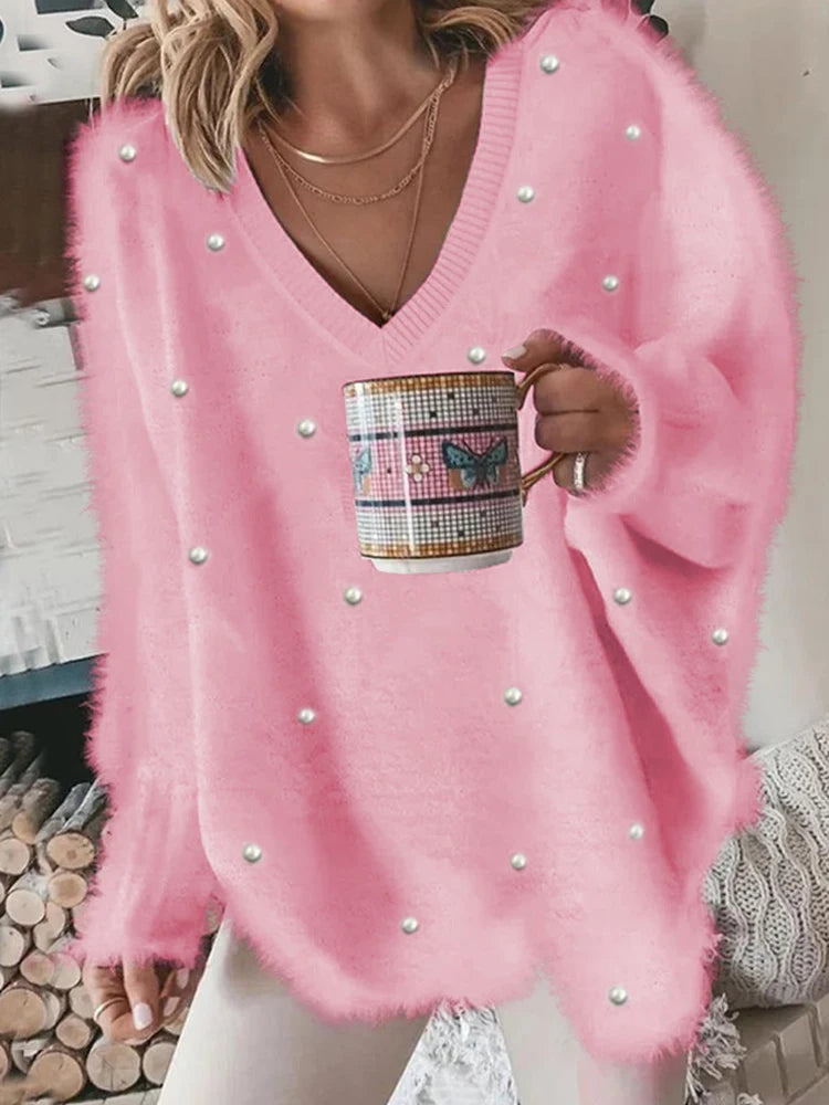 Pull Oversize Col en V en Maille Côtelée pour Femme