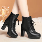 WOIZGIC Laides femmes en cuir véritable bottines hiver automne fourrure peluche laine chaud talon haut moto