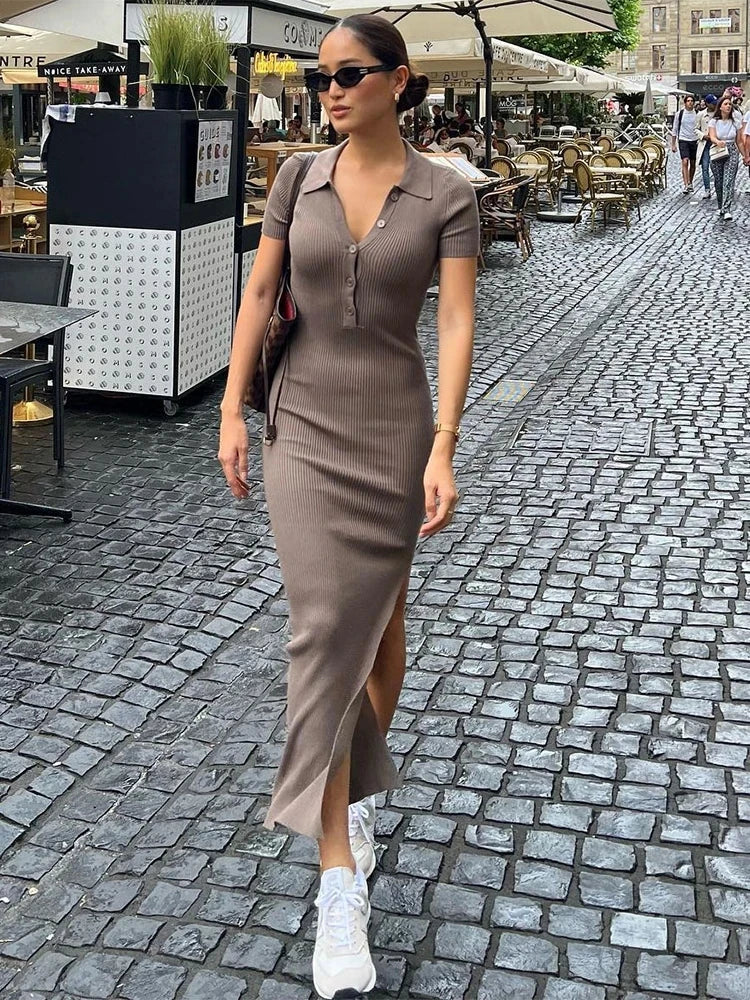 Robe Maxi Moulante pour Femme Kliou – Robe Élégante Style Bureau et Streetwear à Col Rabattu et Fente Latérale