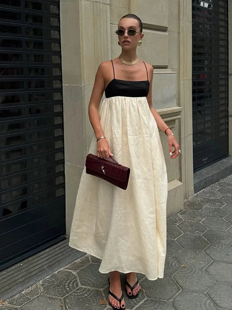 Robe Longue à Bretelles pour Femme – Robe d'Été Dos Nu à Col Carré et Taille Haute Empire