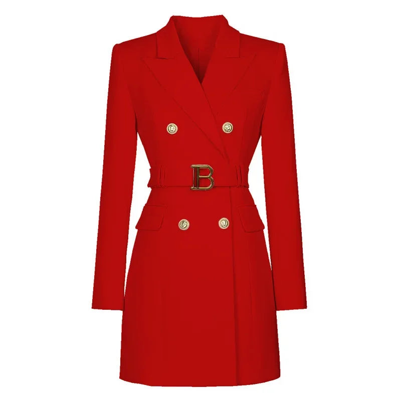 Blazer Long Ceinturé à Double Boutonnage pour Femme – Veste de Bureau Chic et Ample Coupe Robe Veste