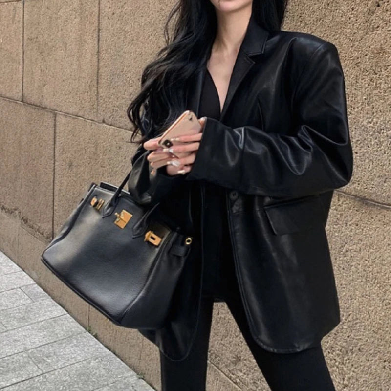 Veste en similicuir PU pour femme, Blazer combiné, Vestes à col rabattu, Manteau à point ouvert, Maxi, Décontracté, Élégant, Punk, Streetwear Y2k