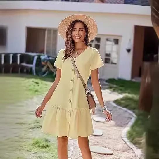 Mini robe d'été décontractée en coton et lin pour femmes, col en v, volants, manches courtes, mode dames, robes à boutons amples