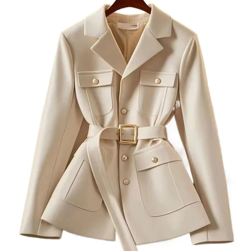 Manteau Blazer Ajusté Ceinturé pour Femme – Veste de Bureau Chic à Simple Boutonnage